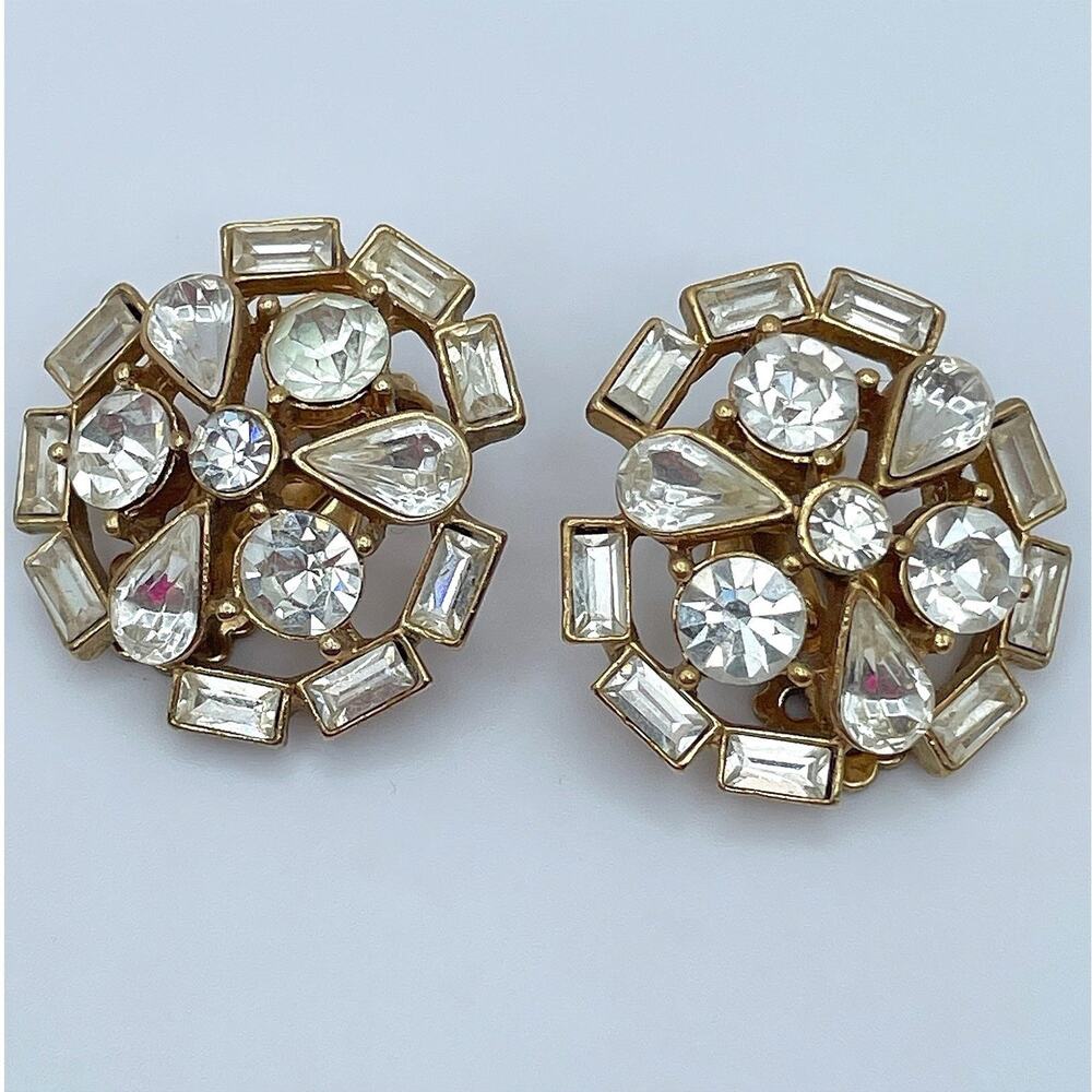 Vintage Gold Tone Crystal Rhinestone Floral Cluster Clip On Earrings 80s Jewelry